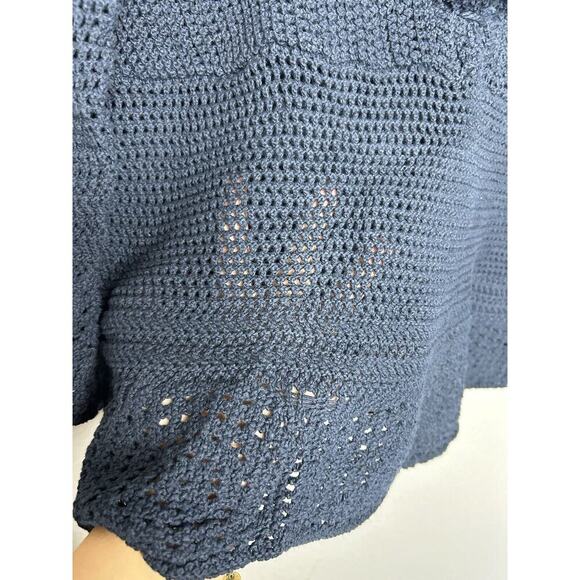 J Jill Open Knit Navy Sweater Tassel Tie Crochet Beachy Coastal Cottage Medium - Picture 4 of 10